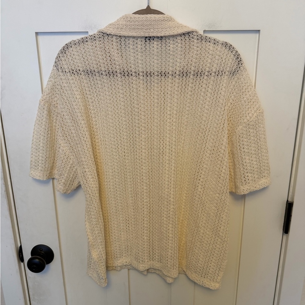 American Tall Openwork Loose Knit short Sleeve  Top natural Cream S Button down - Picture 8 of 8